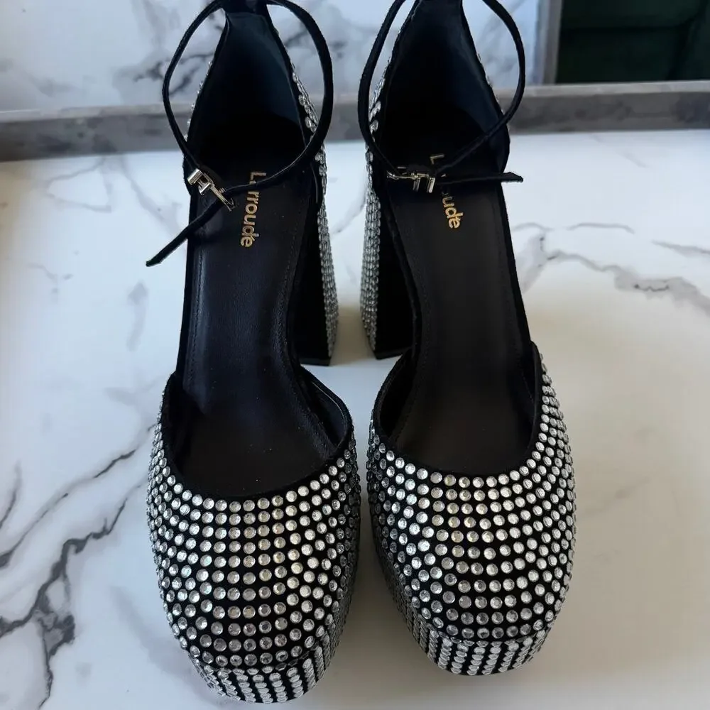 Larroude Ari Crystal Platform Pumps in Black Silver NEW Size 9